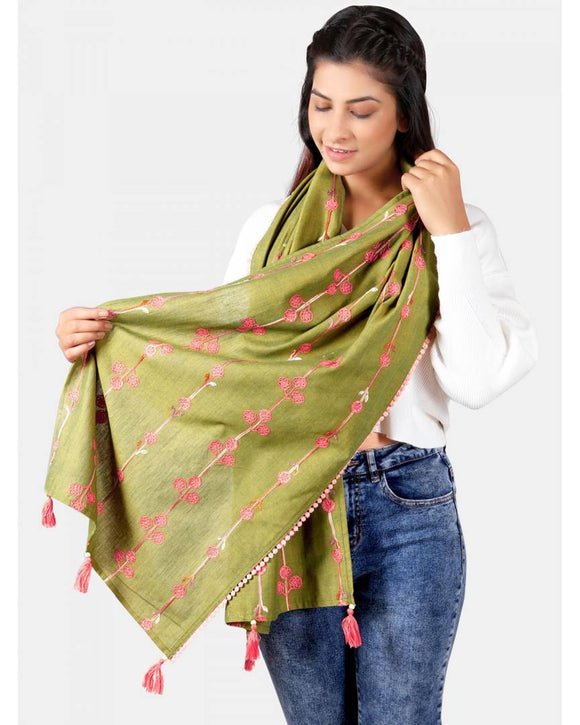 Women's Tiny Floral Bunch Olive Green Embroidered Stole