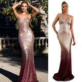 Long Sparkle Ever Pretty V-Neck Wedding Party Dress Women Elegant Sequin Mermaid Maxi Gold Evening Party Dress
