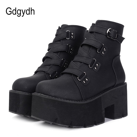 Gdgydh Comfortable High Heels Sole Buckle Black Leather Boots