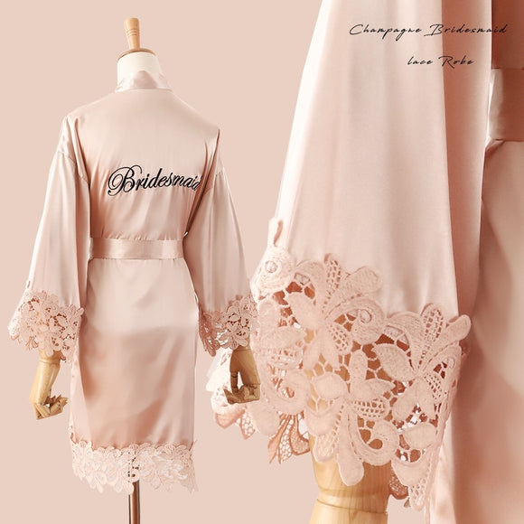 Summer Lace Sleepwear for Bride & Bridesmaid Wedding Robe Gown Solid Embroidery Kimono Bathrobe