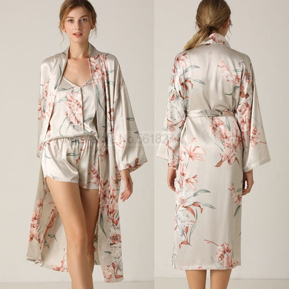 Print Flower Nighty&Robe Suit Sleepwear Sexy Satin Kimono Gown