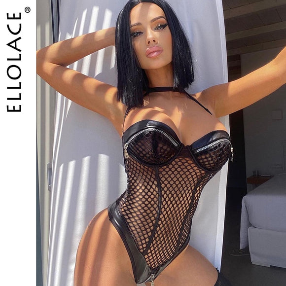 Ellolace Sensual Fishnet Bodysuit Women Latex Exotic Costumes Sexy Hollow Out Halter Bodycon Hot Lingerie Sissy Zipper Body