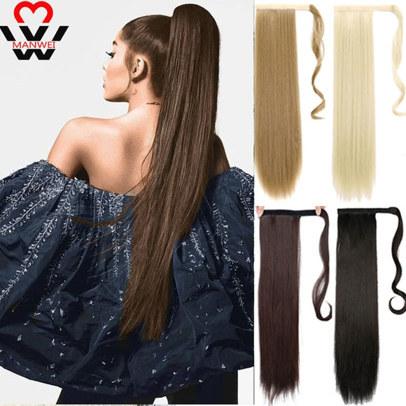 MANWEI women Long straight Real Natural Ponytail Clip in Pony tail Hair Extensions Wrap Around on Synthetic Hair Piece