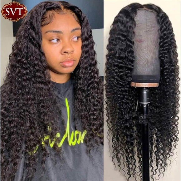 SVT Indian Deep Curly Lace Front Wig Human Hair Wigs For Black Women Deep Wave 4x4 Glueless Lace Closure Wig Prelucked Hairline