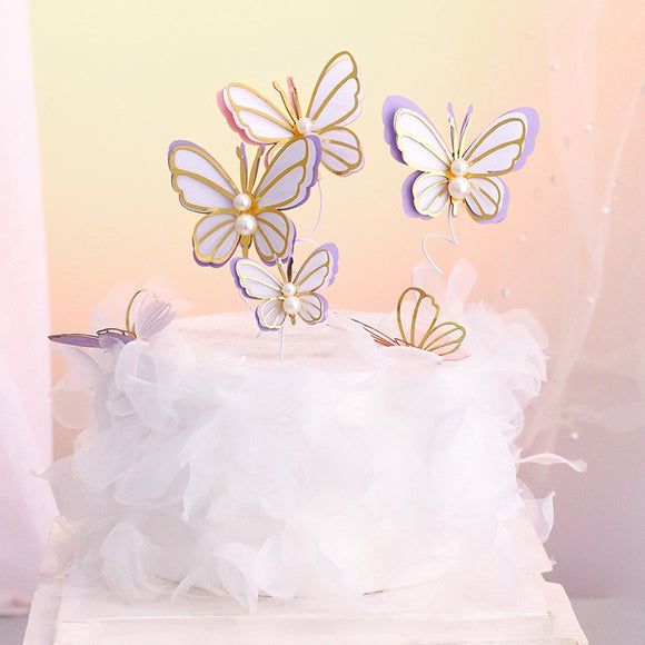 New Pearl Butterfly Birthday Cake Topper Pink Gold  DIY cakes decoration wedding birthday Cake toppers Baby bath baking supplies