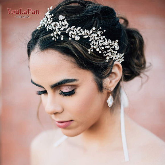 TOPQUEEN HP233 Wedding Hair Ornaments for Women Tiaras Bridal Rhinestone Headband Alloy Leaves Wedding Headpieces Headwear