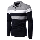 Mens Casual Three-Color Stitching Lapel Shirts Long Sleeve Warm Stretch Slim Basic Shirt Striped Print Shirt For Autumn S -2XL