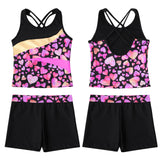Girls Gymnastics Workout Sets Sleeveless Open Back Crop Top With Shorts Hot Pants Set for Running Yoga Sports Ballet Outfits