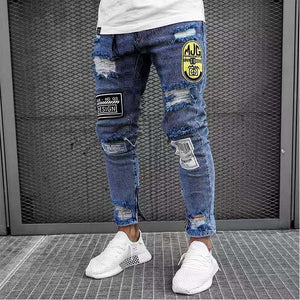 2021 New Italy Style Men's Distressed Destroyed Badge Pants Art Patches Skinny Biker White Jeans Slim Trousers