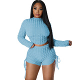 2023 Solid Color Custom Logo Drawstring Knitted Two Piece Set Women Casual