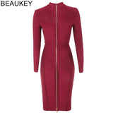 BEAUKEY Elegant Wine Red Long Sleeve Slim Bodycon Bandage Dress
