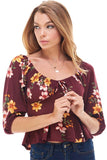 Floral Print Rouched Chest Tie Front Peplum Long Sleeve Peasant Top