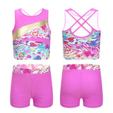 Girls Gymnastics Workout Sets Sleeveless Open Back Crop Top With Shorts Hot Pants Set for Running Yoga Sports Ballet Outfits