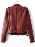 Brown Faux Leather Belted Moto Jacket With Zipper