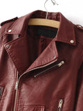 Brown Faux Leather Belted Moto Jacket With Zipper