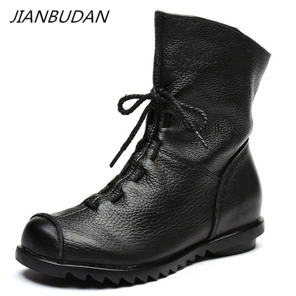 JIANBUDAN/ Genuine Leather Plush Women's Short Boots