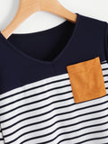 Striped Elbow Patch Curved Hem T-shirt