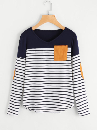 Striped Elbow Patch Curved Hem T-shirt