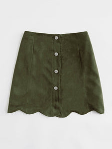 Scallop Hem Single Breasted Suede Skirt
