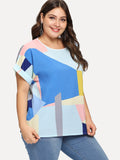 Plus Patchwork Roll Up Sleeve Blouse