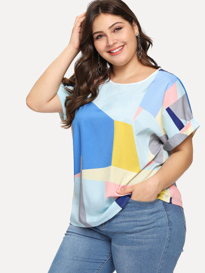 Plus Patchwork Roll Up Sleeve Blouse