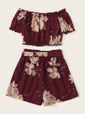 Floral Print Frill Bardot Top & Belted Shorts