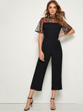 Floral Embroidery Contrast Mesh Jumpsuit