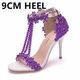 Crystal Queen Women Sandals White Lace Flowers Pearl Tassel 9CM