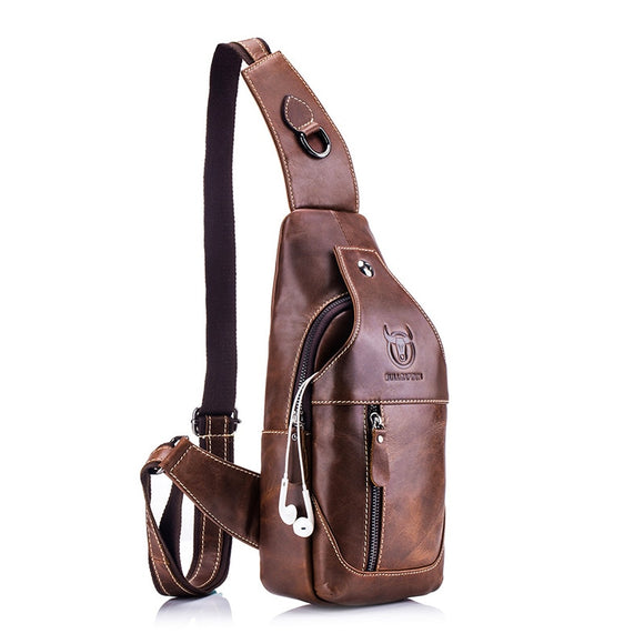 BULLCAPTAIN  Leather Messenger Bags Men's Casual Bag for Men Chest Bag Brand Designer Multi-Function Headphone Jack Chest Pack
