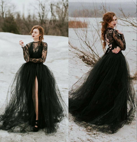 Plus Size Gothic Bride Black Wedding Dresses Lace Long Sleeve v Neck Open Backless a Line Vintage Bridal Gowns