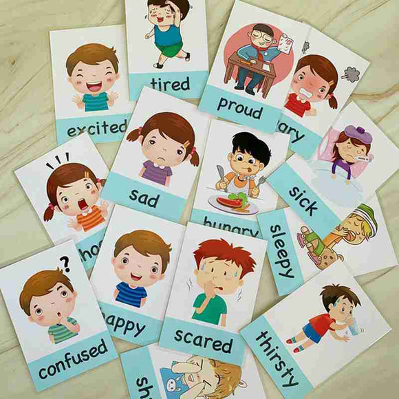 14pcs Cartoon Emotional Expression English Words Flashcards Montessori English Learning Cards Kids Early Educational Memory Toys