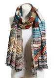 Woven Teal Mix Tribal Print Frayed Long Scarf