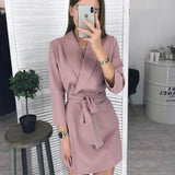 Office Ladies Casual Sashes Mini Dress V-Neck Long Sleeve Robe Striped A-Line Dress 2021 New Autumn Fashion
