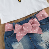 Kids Baby Girls Fashion 2-Piece Outfit Set Short Sleeve Pompom Tops Shirt +Ribbed Denim Shorts Set 1-6t