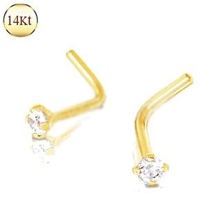 14Kt Yellow Gold Prong Set Clear CZ L Bend Nose Ring