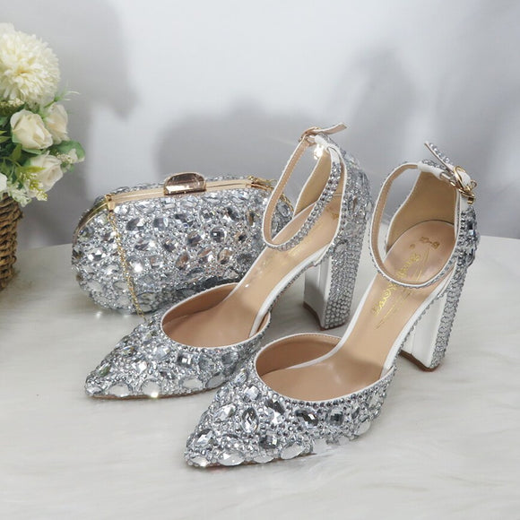 BaoYaFang Silver Crystal Women Wedding Shoes Bride Thick High Heel Pumps Fashion Shoes Woman Shallow Ankle Strap Buckle Shoes