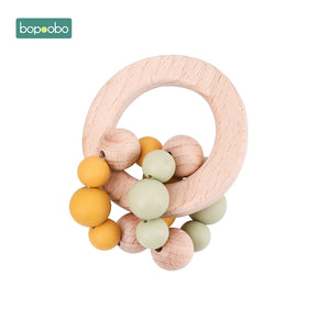 Bopoobo 1PC Baby Toys Beech Wooden Rattle Hand Teething Wooden Ring Can Chew Beads Play Gym BPA