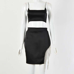 Elegant Off-Black Rhinestones Fringe Side Skirt