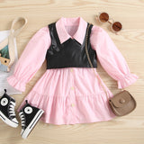 FOCUSNORM Autumn Fashion Kids Girls Dress 2pcs Outfits 1-6y Solid Single Breasted Shirts Dress+PU Leather Vest