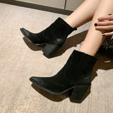 Pointed Toe Mid Heel Leather Boots for Women