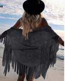 AYUALIN Camel Suede Floral Hollow Out Fringe Tassel Shawl Women Vintage Capes