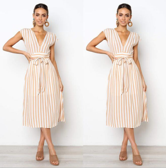 Women Casual Stripe Printing Off Shoulder Sleeveless Dress Princess Dress