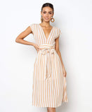 Women Casual Stripe Printing Off Shoulder Sleeveless Dress Princess Dress