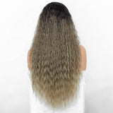 Aliblisswig Natural Looking Dark Root Ombre Blonde Long Curly Right Side Deep Part Heat OK Fiber Hair Lace Front Synthetic Wigs