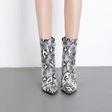 New Classic Snake Pattern Lacquer Bright Leather Thick Heel High Heel Pointed Zipper Boots