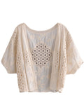 Vintage Chic Women White Lace Embroidery Blouses  Loose Crop Top