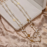 Long Camellia Pearl Double Layer Necklace for Women