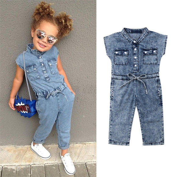 Summer Toddler Baby Kids Girls Denim Clothes V-Neck Sleeveless Button Pocket Romper Newborn Long Jumpsuit Overalls One Pieces