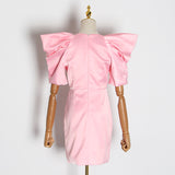 A3453 Pink Puff Sleeve Mini Dress Stylish Fashion Office Lady Dress Wholesale Moq 1pcs