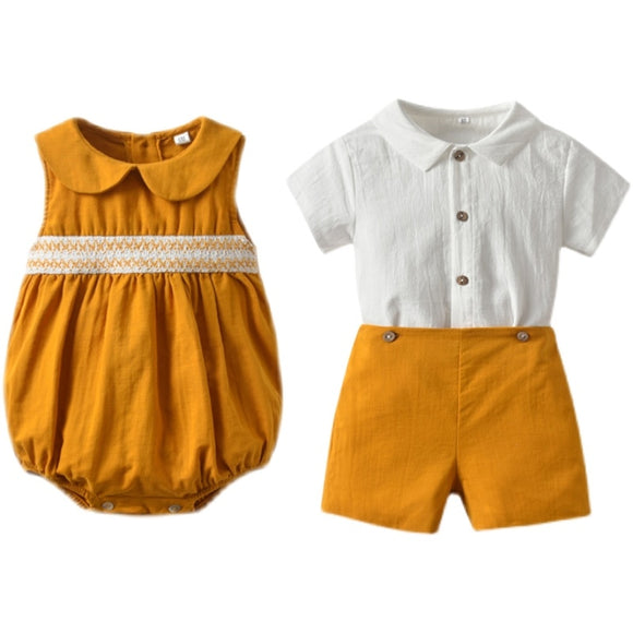 Matching Clothes for Newborn Infants-Smocking Romper Overalls